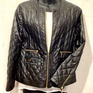 Women’s Mona Leah Couture black leather-look jacket with gold zip. Size L